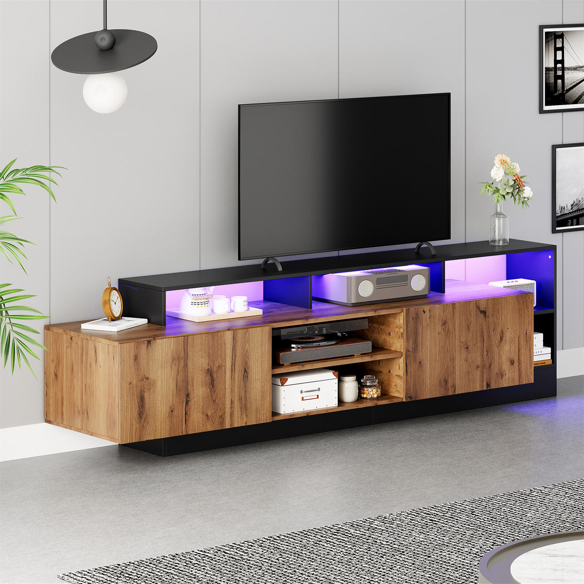 TV-ELEMENT 190/40/48.5 cm Schwarz + Eiche mit LED-Anzeigen - Schwarz, Holz (40/48.5/190cm) - Oxeza