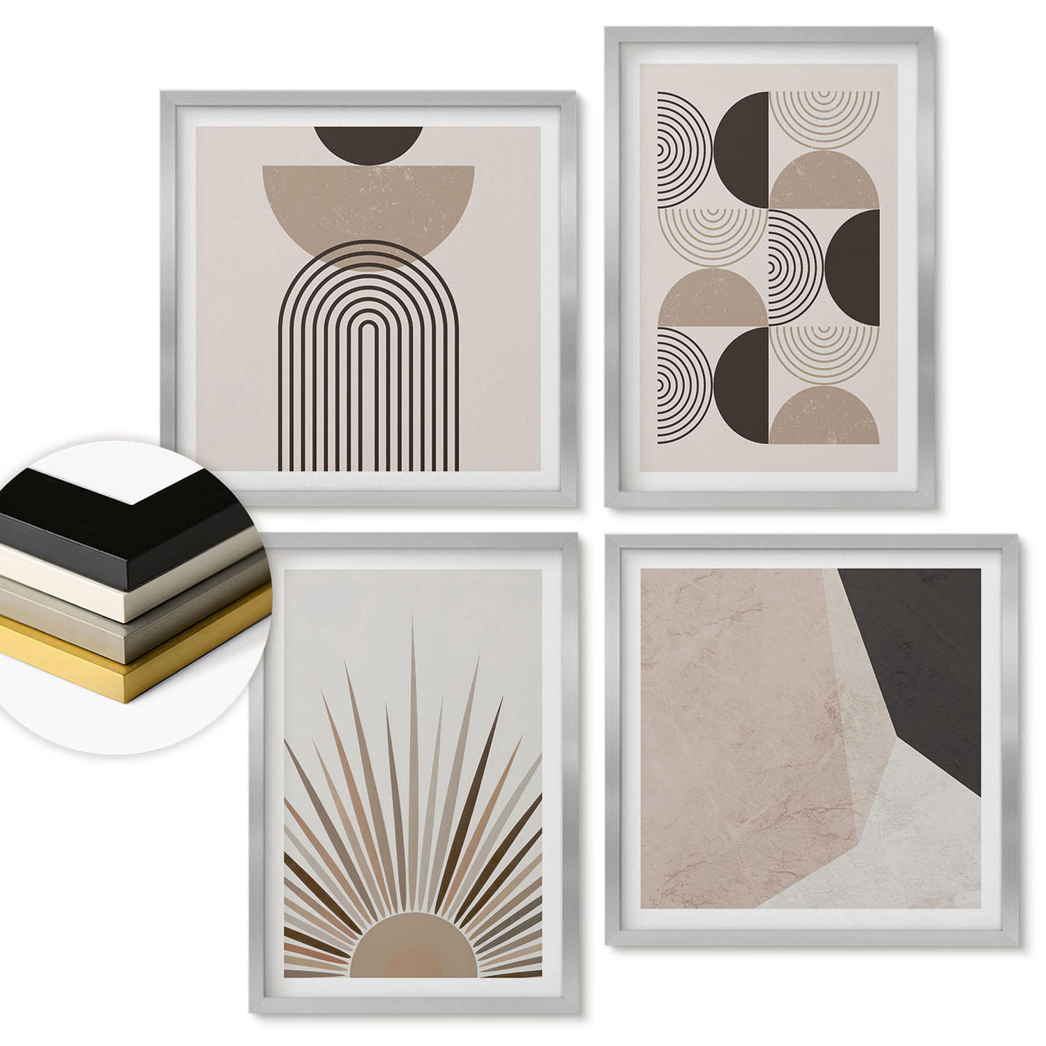 WANDBILDER 4er Set - 50x50 cm & 40x60 cm Silberner Rahmen - Abstrakte beige und braune Formen - Silberfarben, Kunststoff (50/50cm) - ArtPrintCave