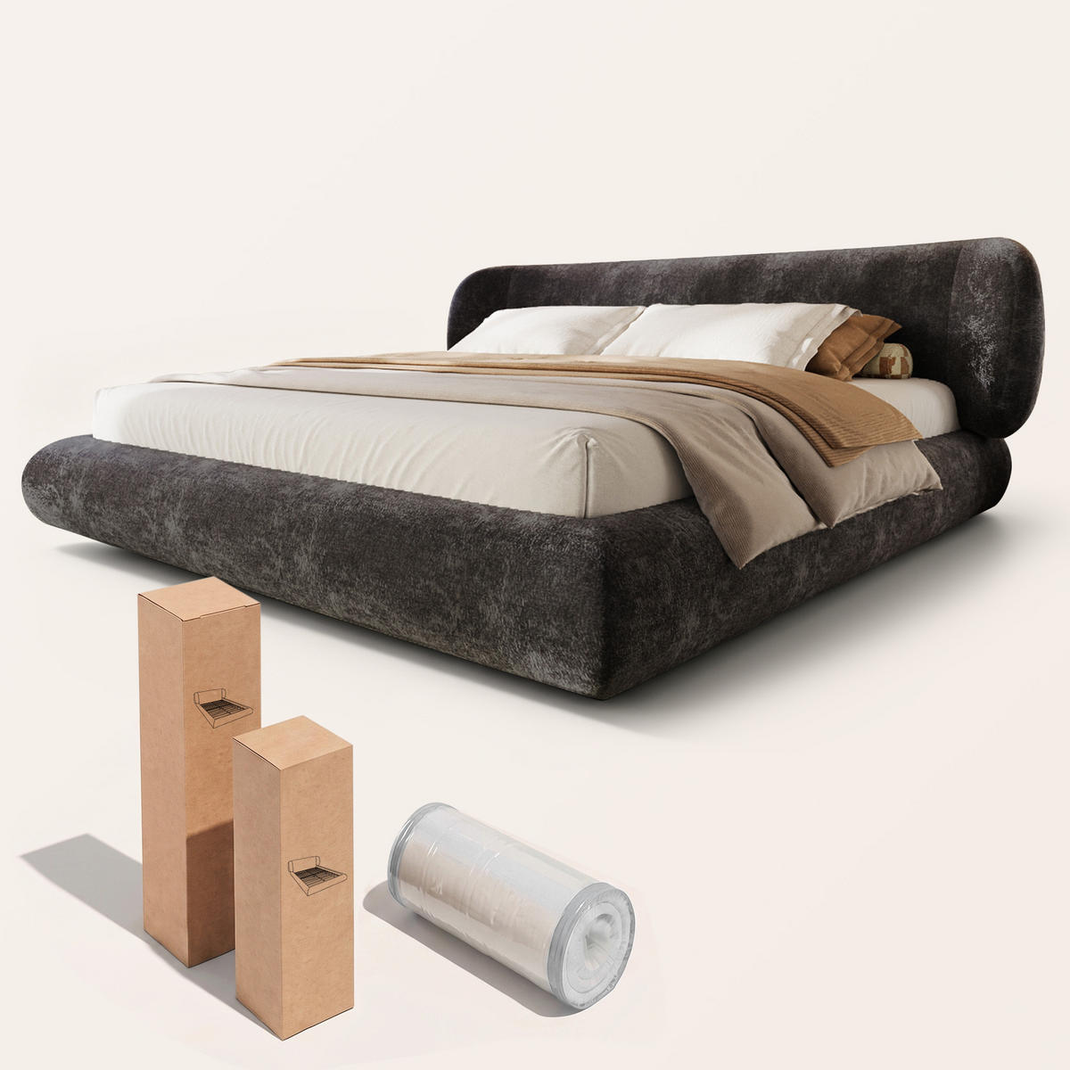 POLSTERBETT 140/190 mit gepolstertem Kopfteil und Lattenrost in Grau - Grau, Holzwerkstoff/Textil (140/190cm) - EVRYAE