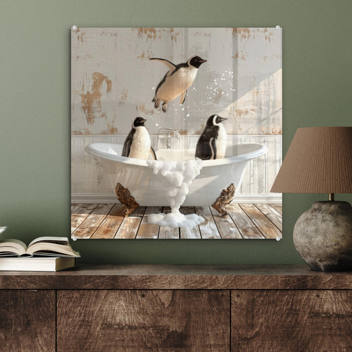 ACRYLGLASBILD Vintage - Pinguin - Badewanne - Schaumstoff 50x50 cm - Schwarz, Glas (50/50cm) - MuchoWow