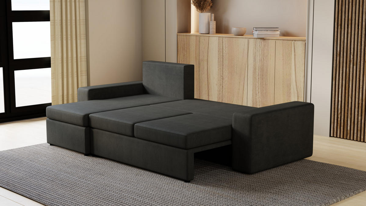 ECKSOFA Paco mit Bettkasten und Schlaffunktion, L-Form/XL-Form, Velourstoff, Universal - Graphitfarben, Holzwerkstoff (246/145cm) - 4ALL HOME
