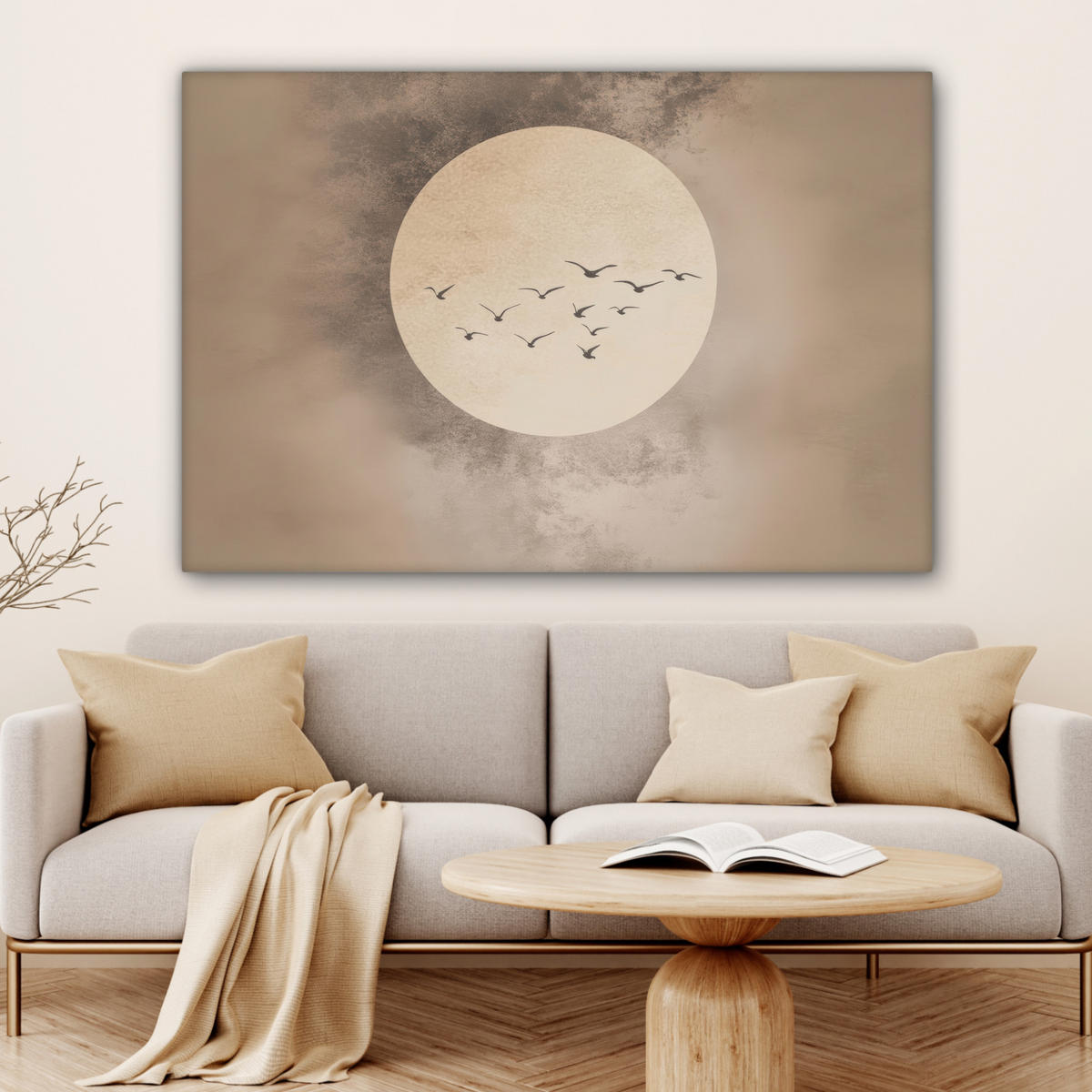 LEINWANDBILD Vogel - Beige - Japanisch XXL 150x100 cm - Taupe, Textil (150/100cm) - MuchoWow