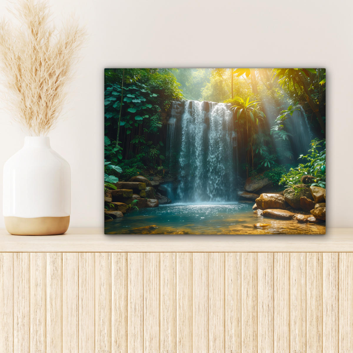 LEINWANDBILD Wasserfall - Dschungel - Sonne - Grün - Natur Wandbild 40x30 cm - Grün, Textil (40/30cm) - MuchoWow
