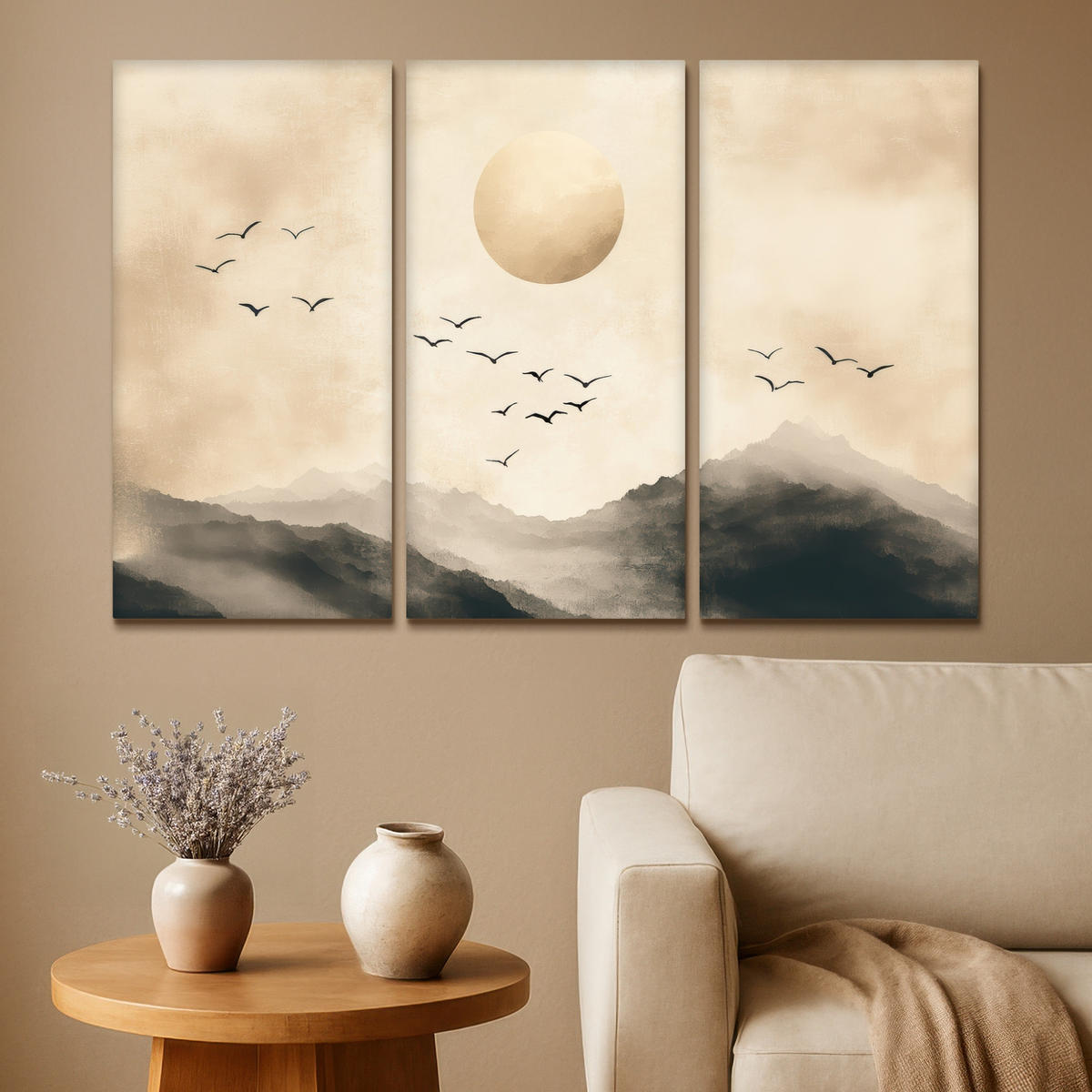 LEINWANDBILD 3er Set Landschaft - Japandi - Beige - Vögel 120x80 cm - Beige, Textil (120/80cm) - MuchoWow