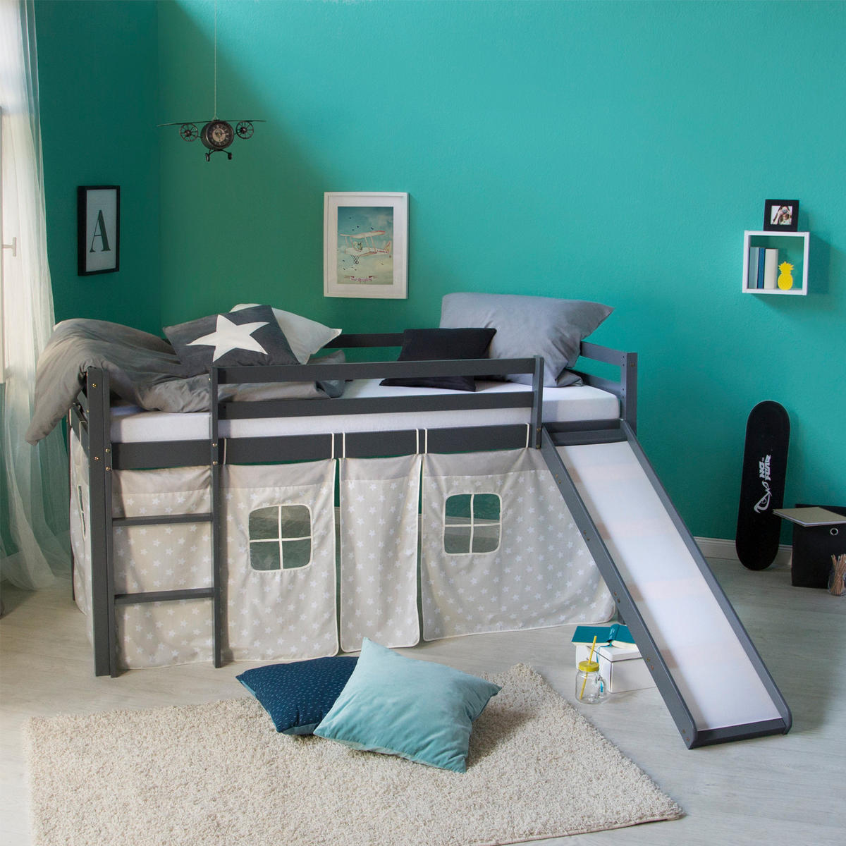 HOCHBETT 90/200 cm in Grau mit Lattenrost + Matratze - Grau, Holz - Homestyle4u