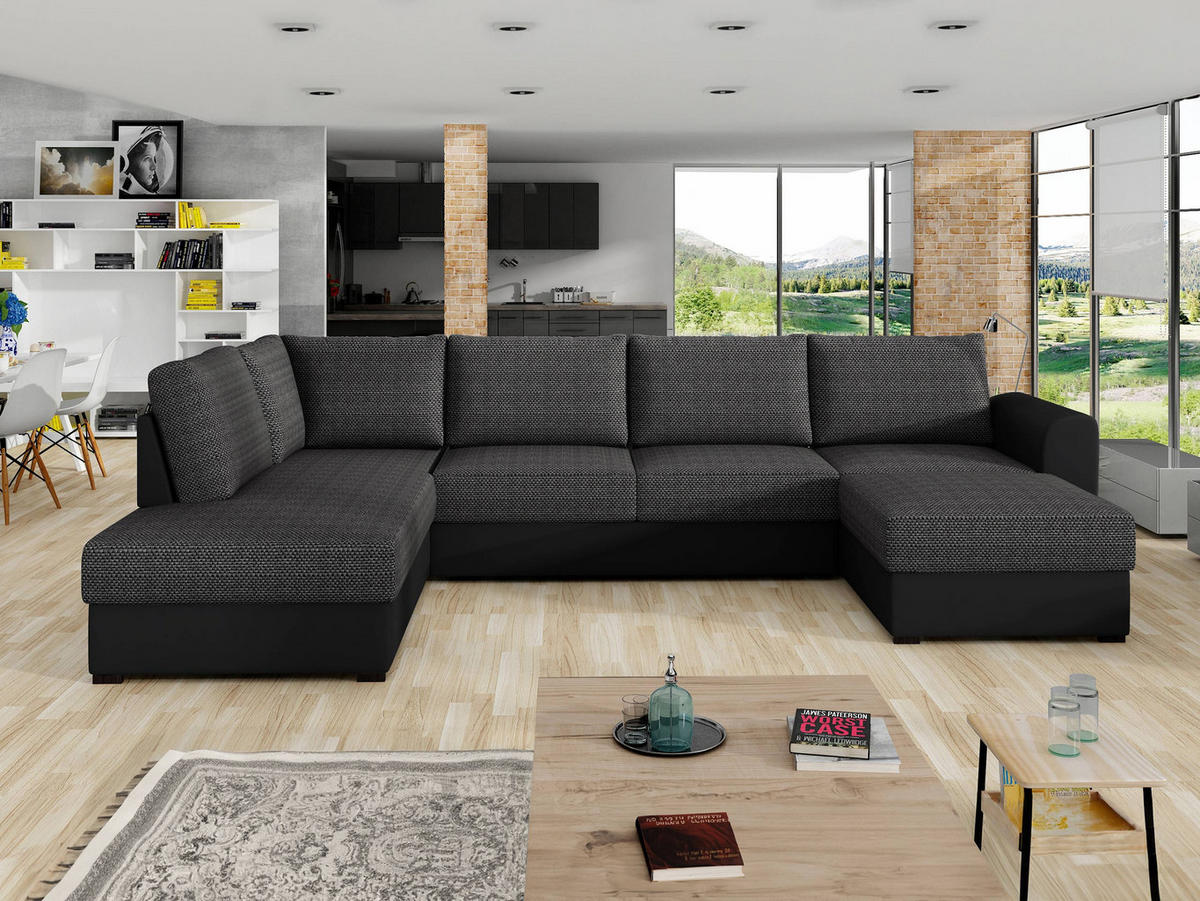 WOHNLANDSCHAFT Wilma, Seite: Links - Schwarz, Holz/Textil (305/85/188cm) - MIRJAN24