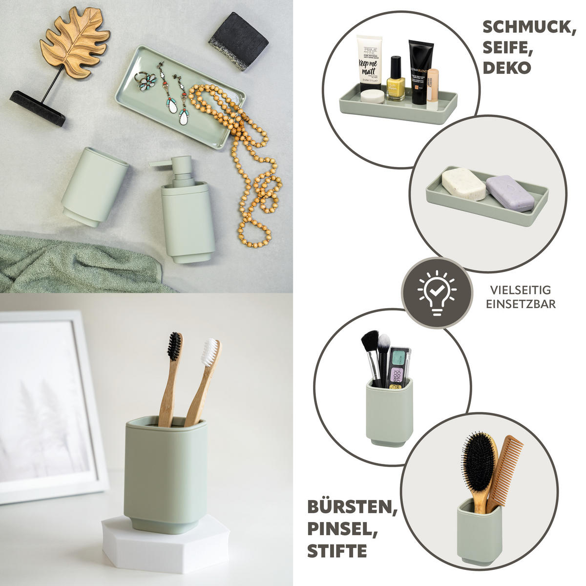 BAD-ACCESSOIRES-SET VALONA, Soft-Touch, Salbei - Salbeigrün, Kunststoff (18/2.5/9.5cm) - eluno