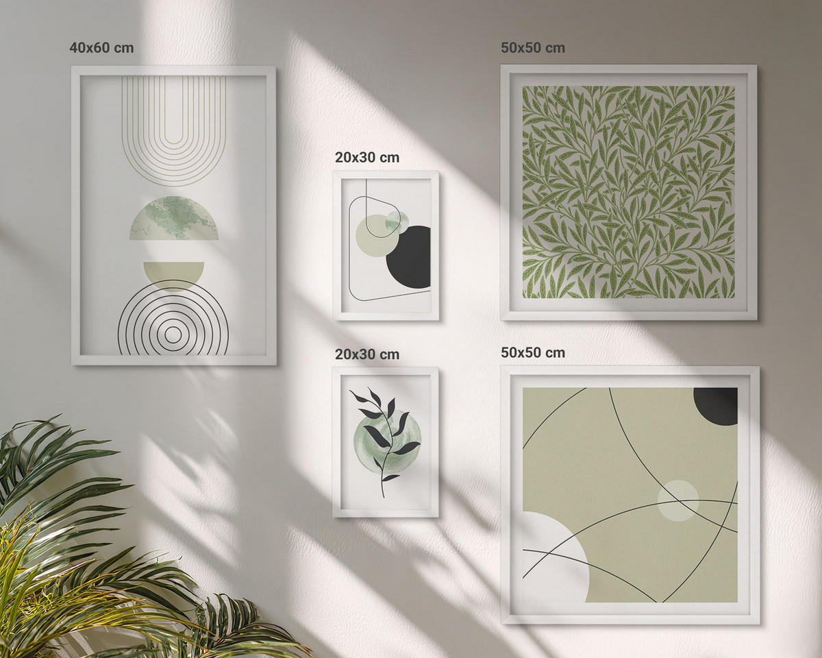 WANDBILDER 5er-Set - 50x50 cm & 20x30 cm & 40x60 cm Weißer Rahmen - Abstrakte Pflanzenmotive - Weiß, Kunststoff (40/60cm) - ArtPrintCave