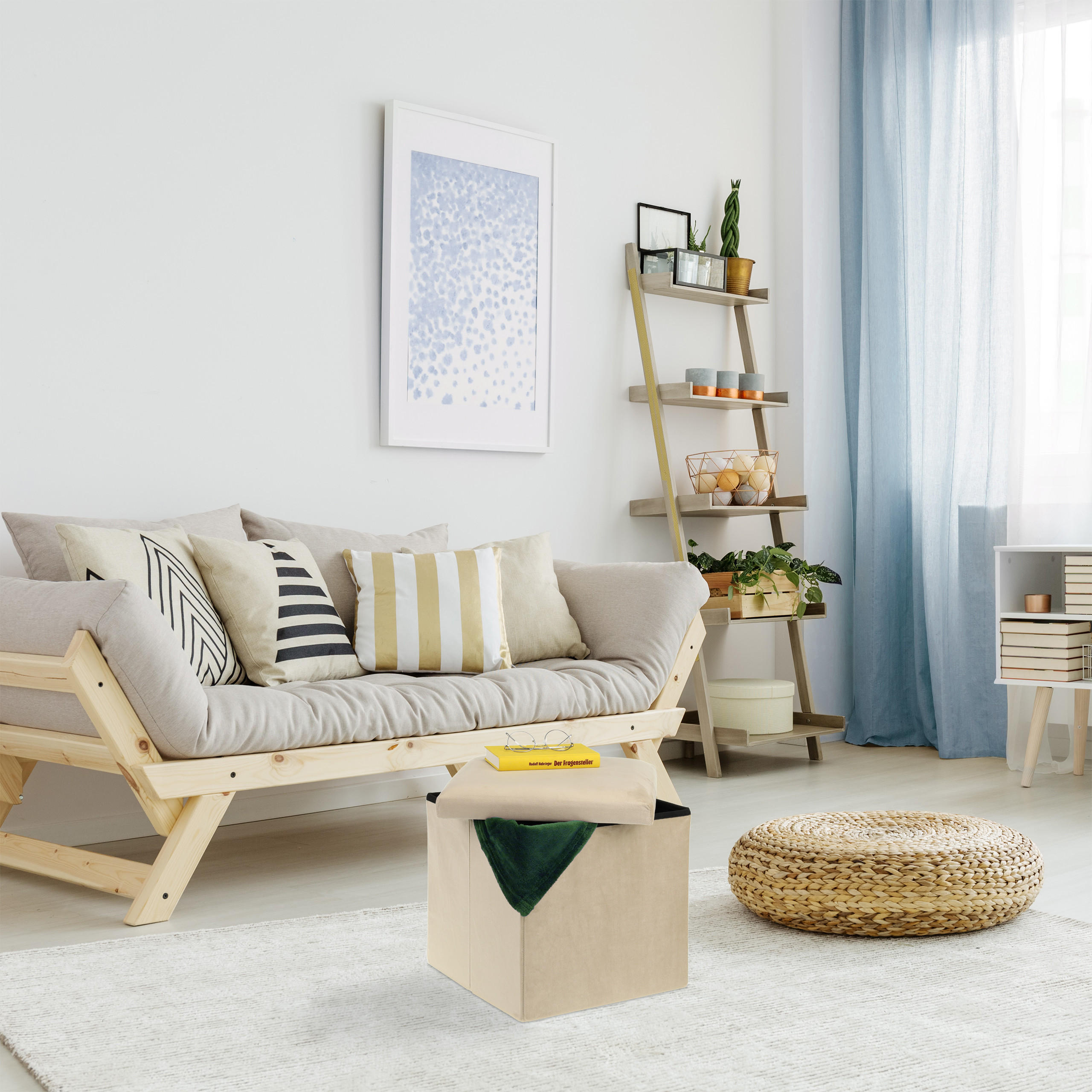 SITZHOCKER - Creme, Holzwerkstoff/Textil (38/38/38cm) - Relaxdays