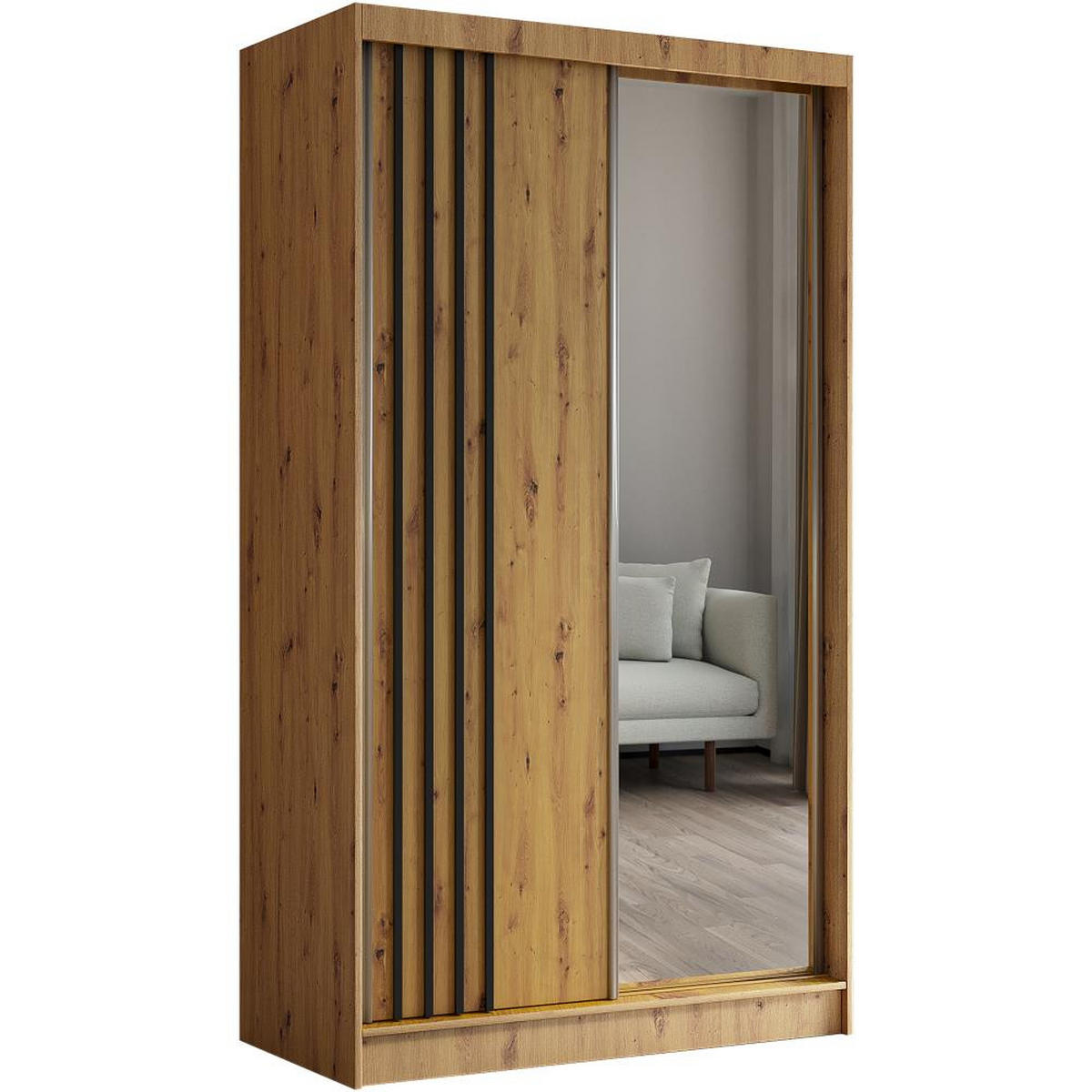 SCHWEBETÜRENSCHRANK Nela 120/216/61 eiche Artisan mit Schubladen - Schwarz/Eiche Artisan, Holzwerkstoff (120/216/61cm) - Beautysofa