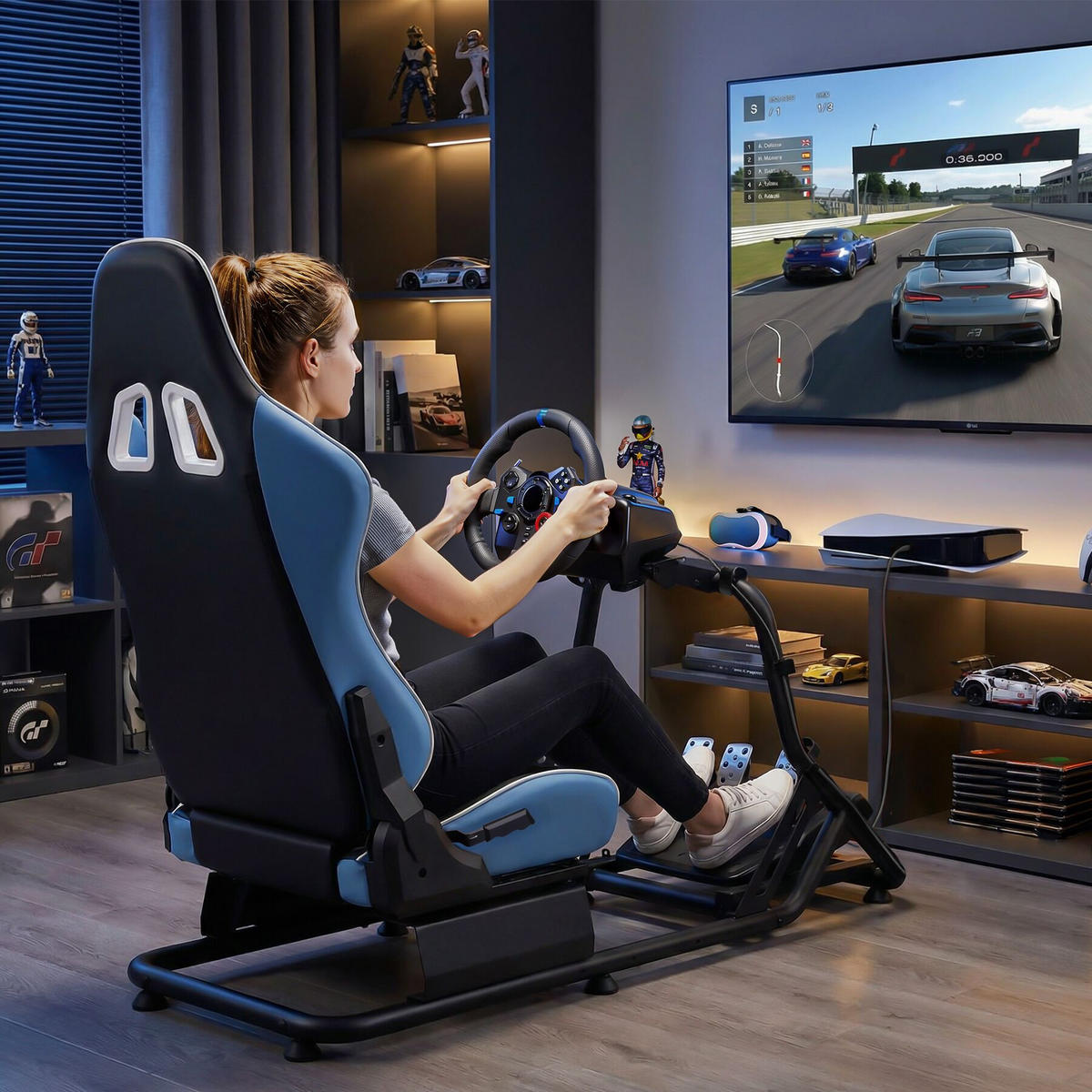GAMINGSTUHL Play Racing-Cockpit, GT-Style, Logitech/Fanatec kompatibel, schwarz/azurblau,57 x 144 x 108,5 cm - Schwarz/Hellblau, Metall (57/62/220cm) - tectake