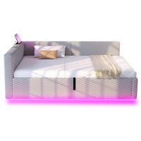 TAPECIRANI krevet 90/200 cm s LED osvjetljenjem, USB i Type-C priključkom te hidrauličnim spremnikom, Siva - siva, drvni materijal (90/200cm) - Redom