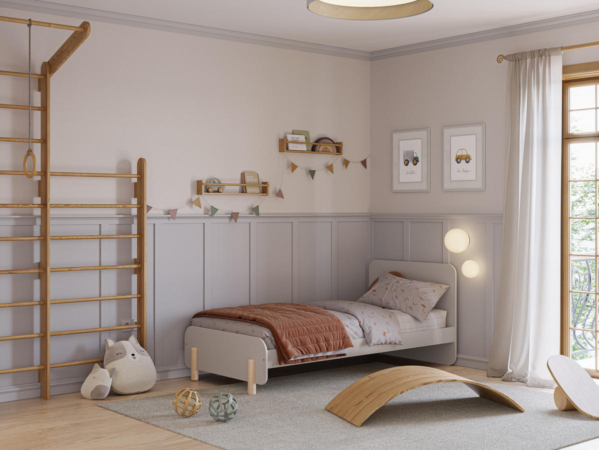 BETT 90x190 cm in creme glänzendem Dekor und hellem Holz 106,5/195,4/90/45 cm - Beige, Holz (190/90cm) - Calicosy