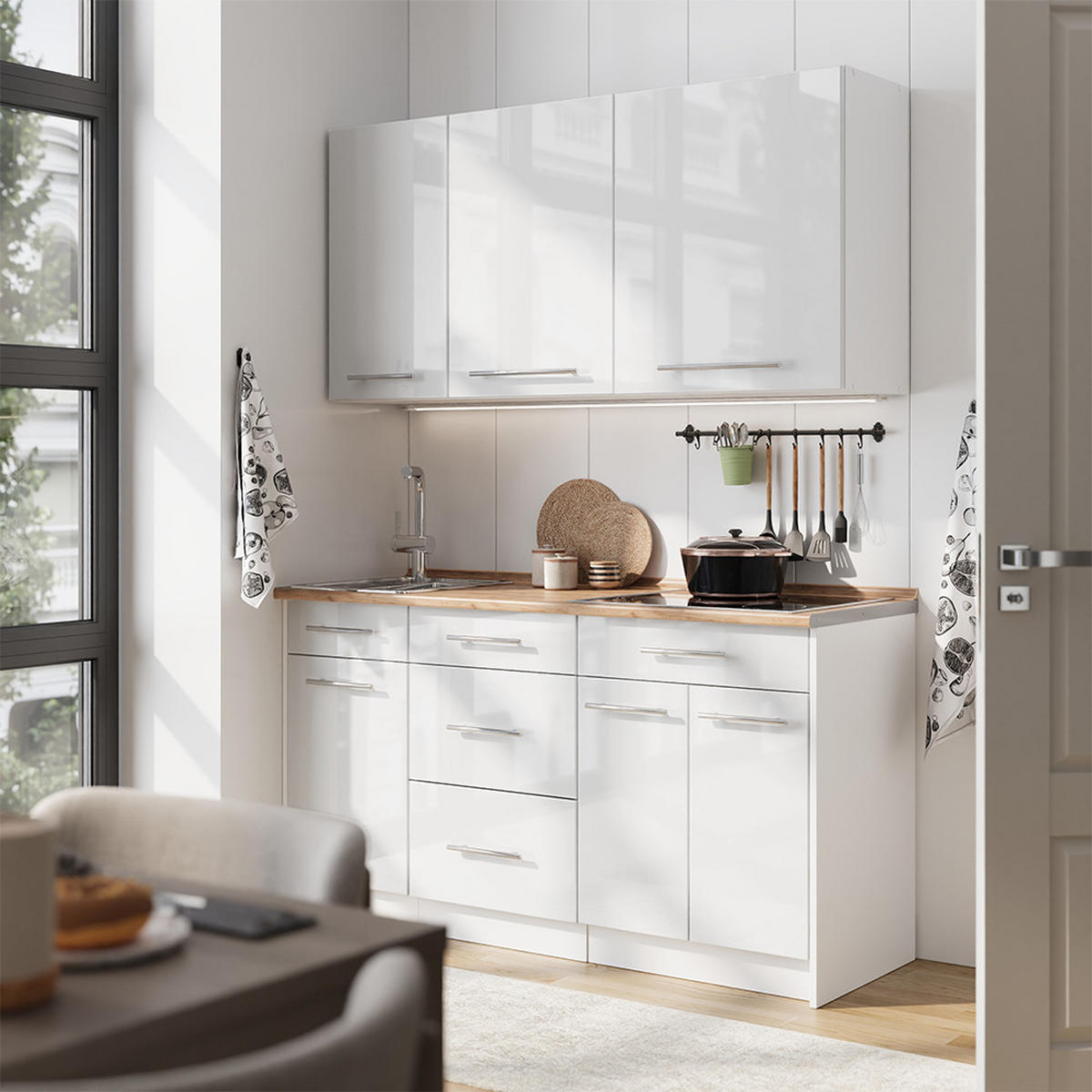 SINGLEKÜCHE Fame-Line, Weiß Hochglanz/Weiß, 150 cm ohne Arbeitsplatte - Weiß Hochglanz/Weiß, Holzwerkstoff (150/82/51.6cm) - Vicco