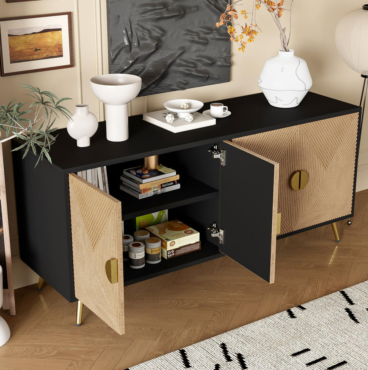 SIDEBOARD 160/40/75 cm schwarz/holzfarben aus MDF mit Soft-Close - Schwarz, Holzwerkstoff (160/75/40cm) - OKWISH