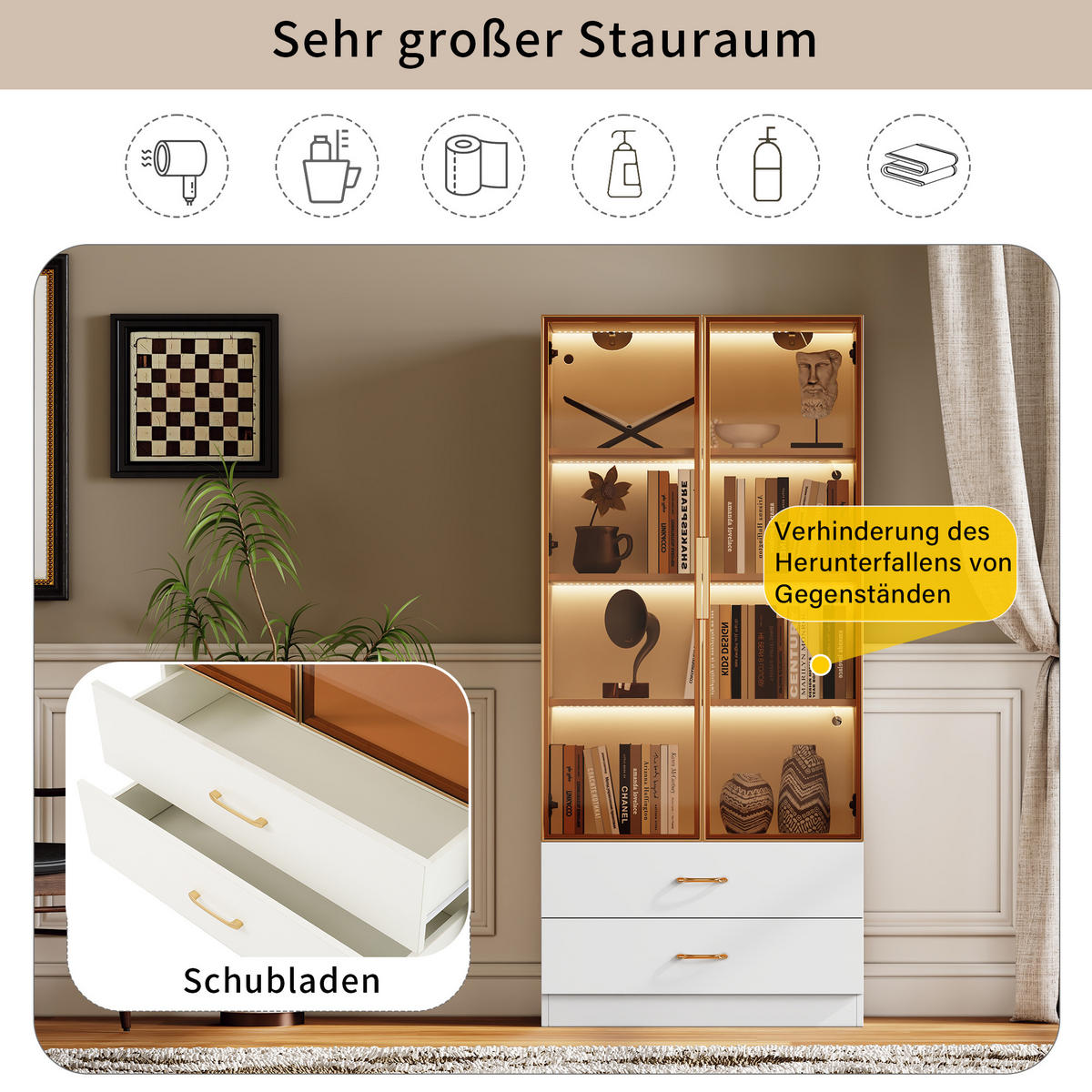 HOCHSCHRANK Weiß mit Lichtleiste 2 Türen und 2 Schubladen 75/34,5/170 cm - Weiß, Holzwerkstoff (75/170/34.5cm) - PANGIVO
