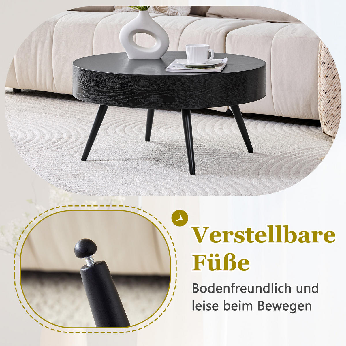 COUCHTISCH rund Ø 70 cm MDF Holzoptik Schwarz - Schwarz, Metall (70/70/35.5cm) - Meubliv