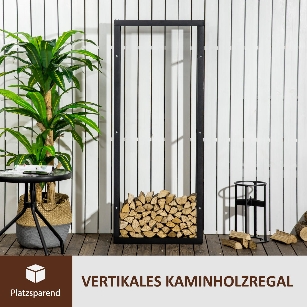 KAMINHOLZREGAL, Stahl, Schwarz, 60L x 25B x 150H cm - Schwarz, Metall (25/150/60cm) - HOMCOM