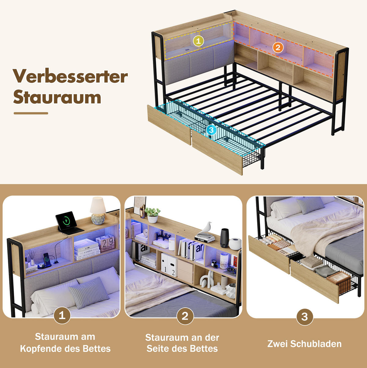 JUGENDBETT 90/200 cm aus MDF und Metall mit LED-Beleuchtung, USB- und Type-C-Anschluss, Stauraum und 2 Schubladen, Natur/Grau - Naturfarben, Holzwerkstoff (90/200cm) - Redom