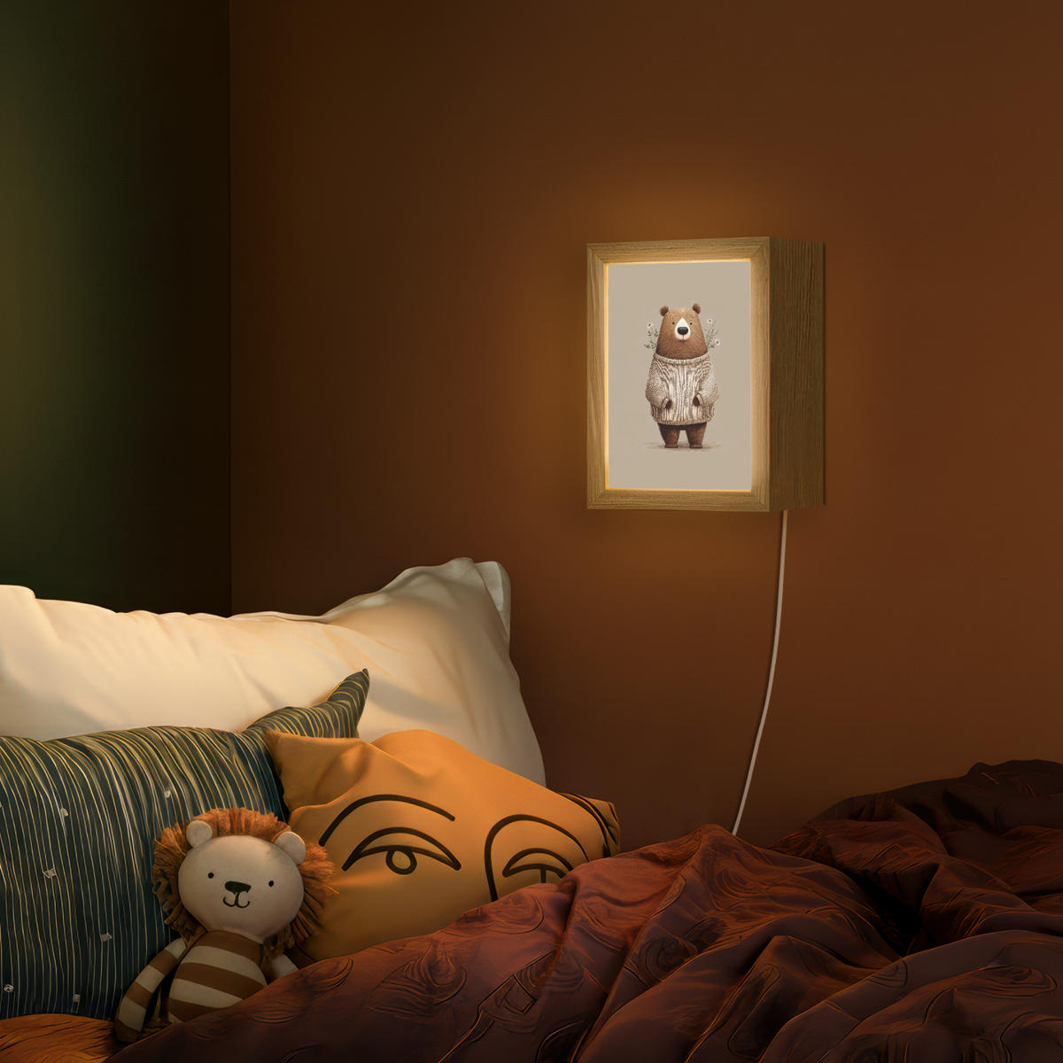 NÁSTĚNNÁ LAMPA Medvěd - Bílé květy - Cosy 15x20 cm - šedohnědá, kompozitní dřevo (15/20/8cm) - OnlyWow