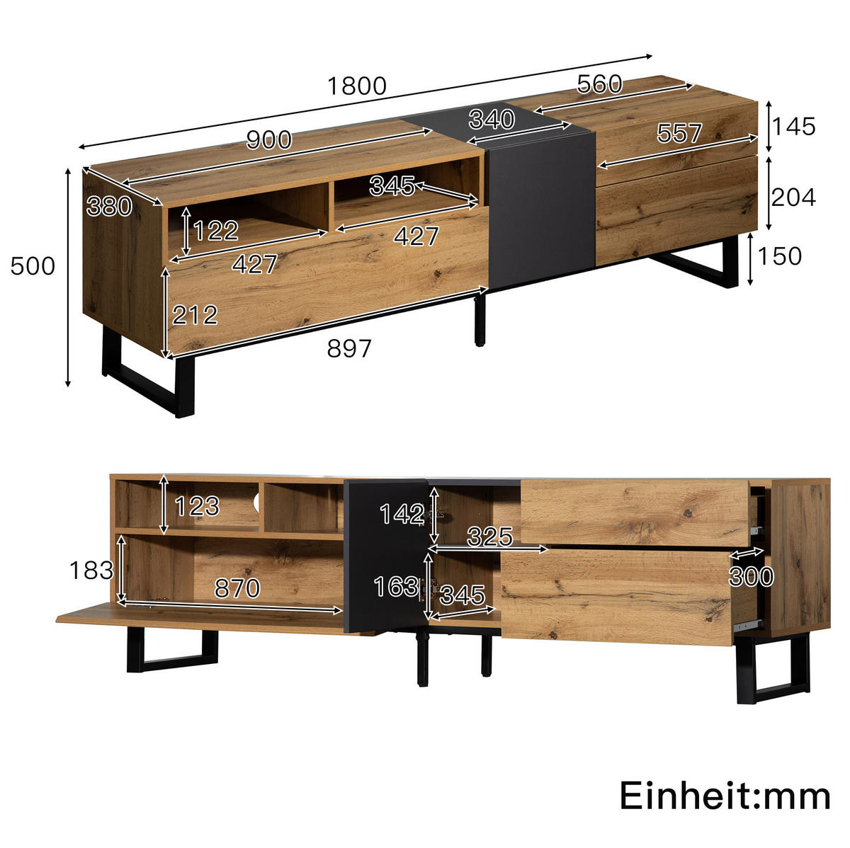 TV-SCHRANK in Eiche und Anthrazit mit Metallfüßen und 2 Schubladen 180/38/50 cm - Eichefarben, Holzwerkstoff (180/50/38cm) - Redom