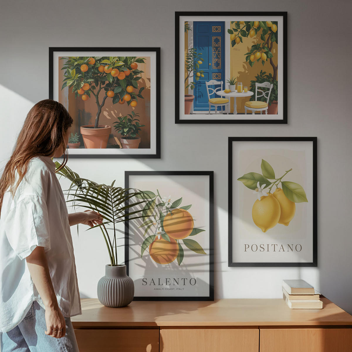 BILDER SET 4er Set - 50x50 cm & 40x60 cm Schwarzer Rahmen - Amalfi-Zitronen und -Orangen - Schwarz, Kunststoff (50/50cm) - TULUP