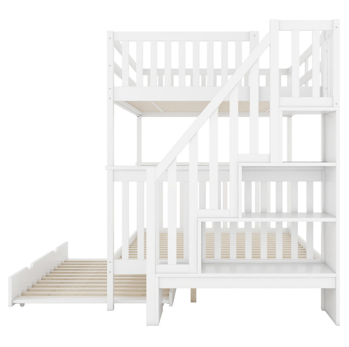 ETAGENBETT 140/200 cm aus Kiefer und MDF mit Treppenregal und ausziehbarem Rollbett Weiß - Weiß, Holz (140/200cm) - Modenvie