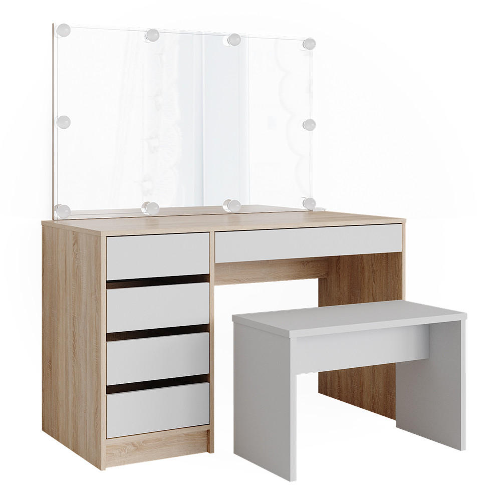 SCHMINKTISCH Sherry Weiß/Sonoma 120 cm mit LED Beleuchtung und Bank - Weiß/Sonoma Eiche, Holzwerkstoff (55/75/120cm) - Vicco