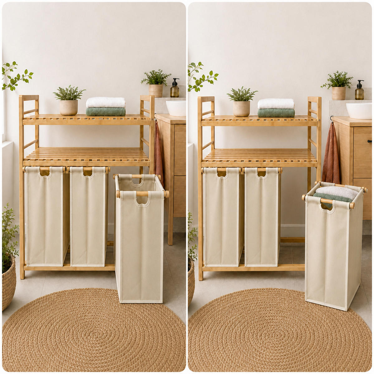 WÄSCHESAMMLER Natur Beige 3er-Set Bambus - Multicolor, Holz/Textil (78/100/41.5cm) - Relaxdays