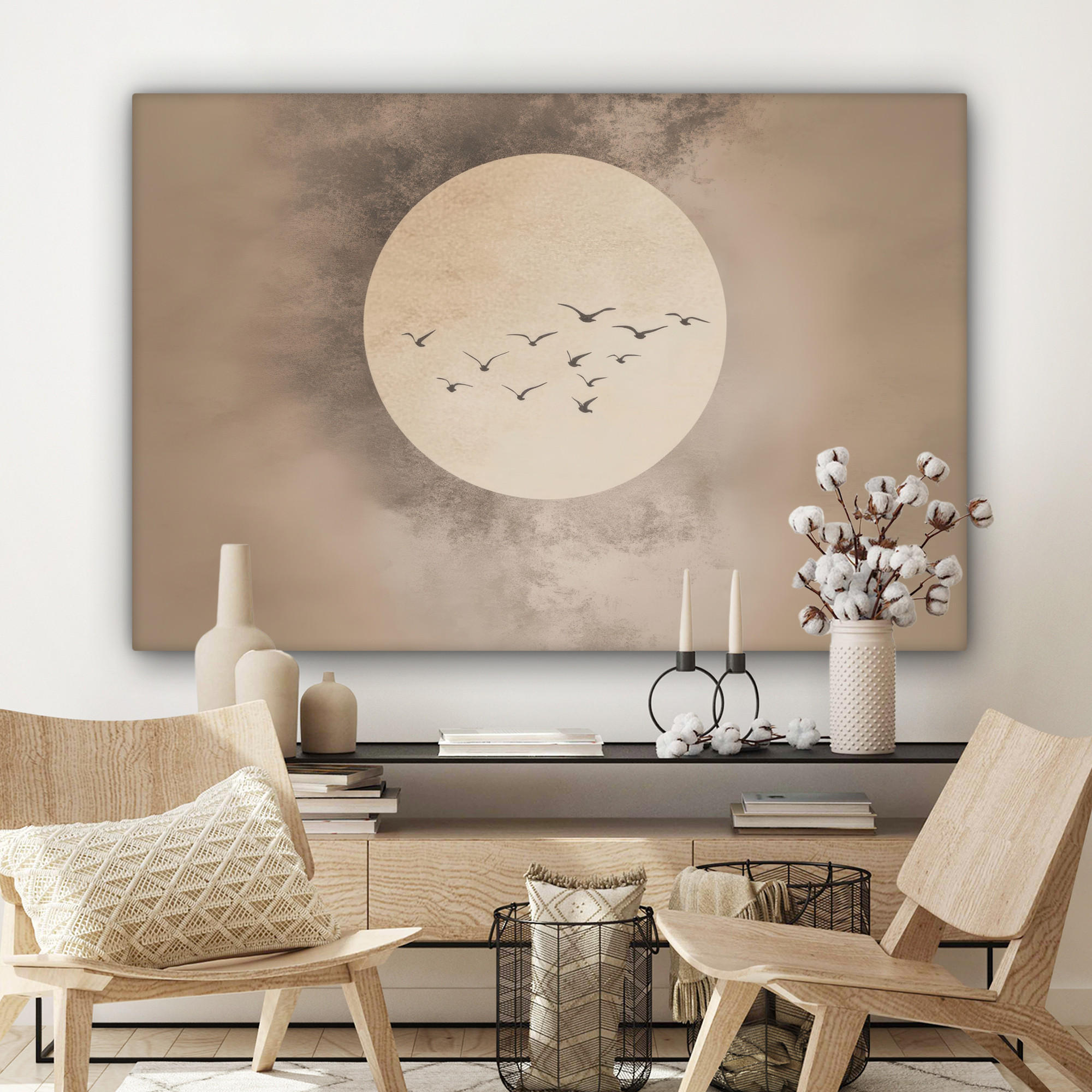 LEINWANDBILD Vogel - Beige - Japanisch XXL 150x100 cm - Taupe, Textil (150/100cm) - MuchoWow