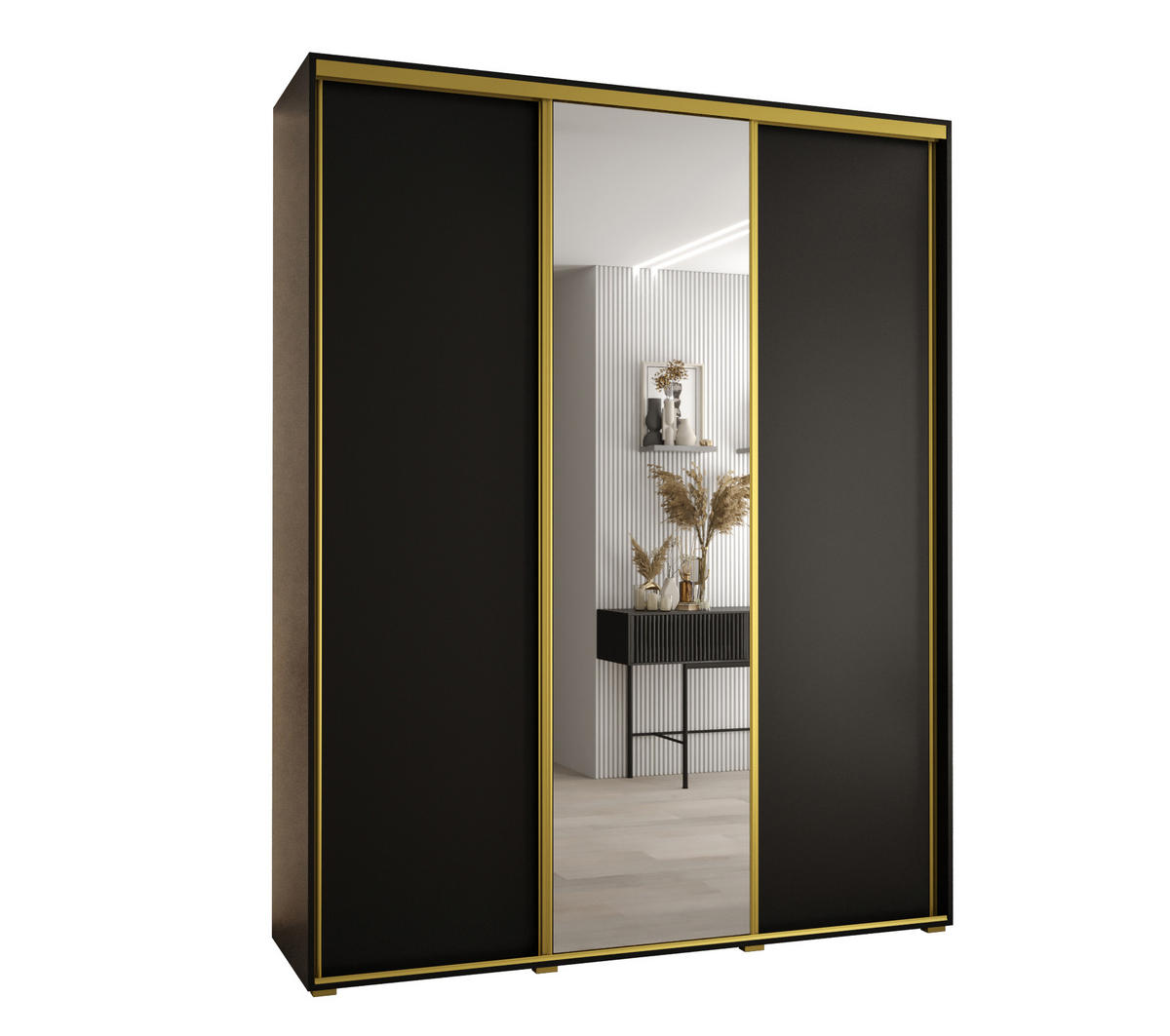 SCHWEBETÜRENSCHRANK 235,2/190/45 3-türig - Goldfarben/Schwarz, Holz/Metall (190/235/45cm) - Abiks Möbel