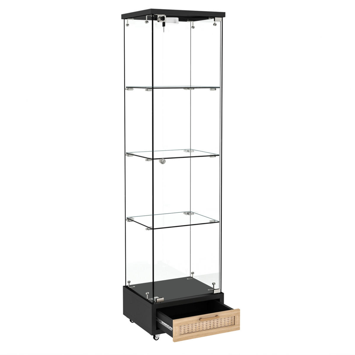 VITRINE 42,5/36,5/167 cm in Schwarz mit LED-Beleuchtung und Rollen - Schwarz, Holzwerkstoff (42.5/167/36.5cm) - Flora Grace