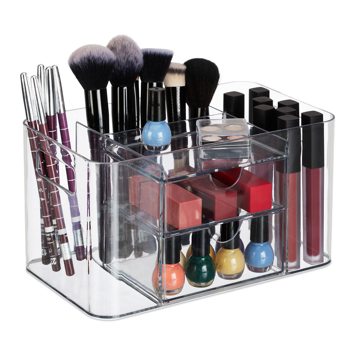 relaxdays Make-Up Organizer Make Up Organizer mit 2 Schubladen, Transparent