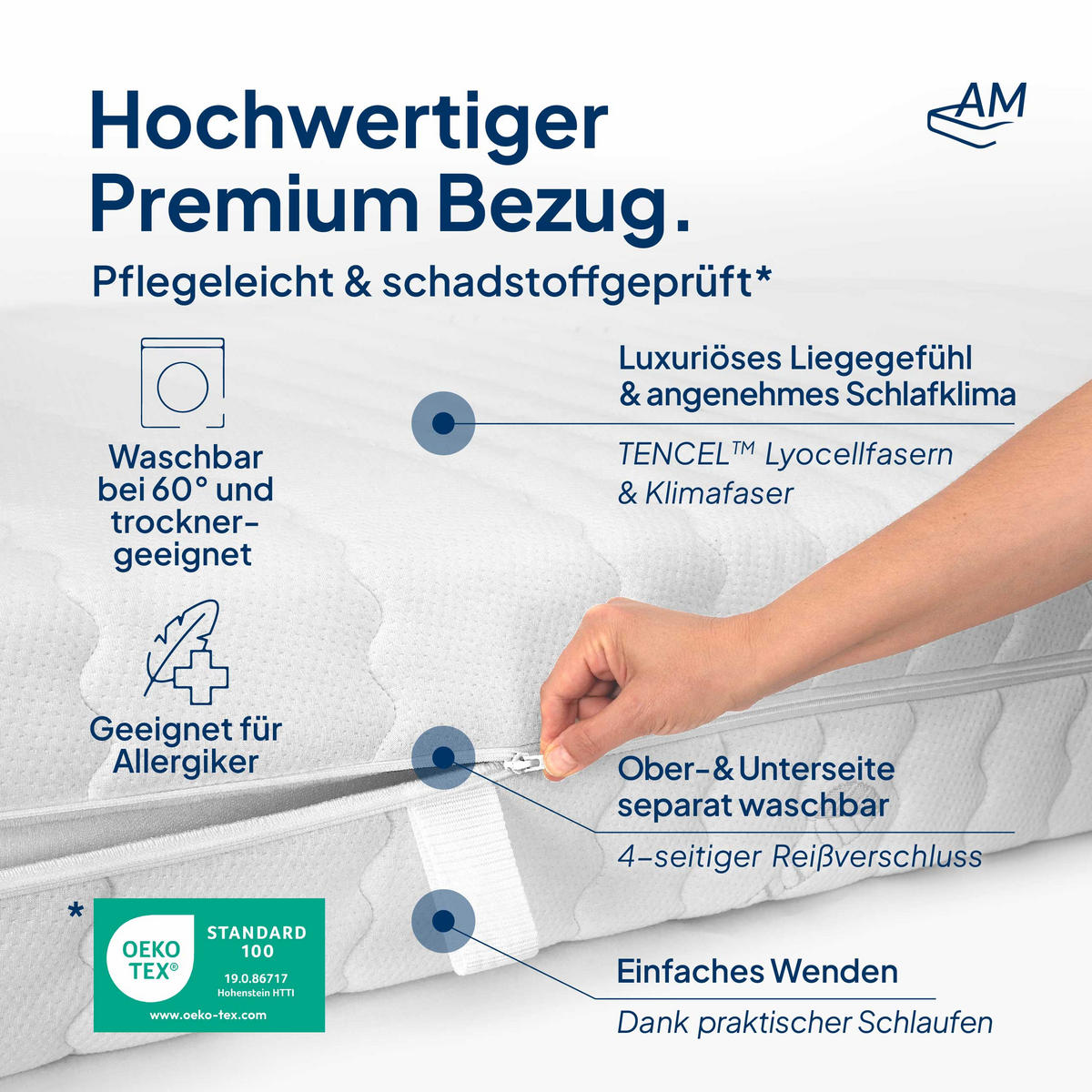 KALTSCHAUMMATRATZE mit Viscoeinsätzen 160/200 cm H3 - 19cm Höhe & Tencel Bezug - Weiß, Textil (160/200cm) - AM Qualitätsmatratzen