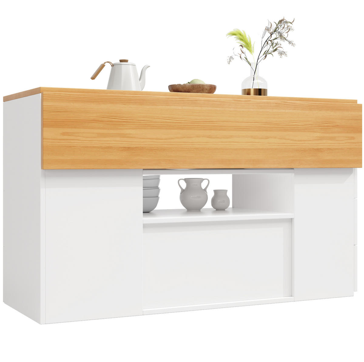 KUCHYNSKÝ ostrovček 140/40(70)/89 cm biely z MDF a kovu so 6 zásuvkami a taburetom - biela, kompozitné drevo (140/89/70cm) - OKWISH