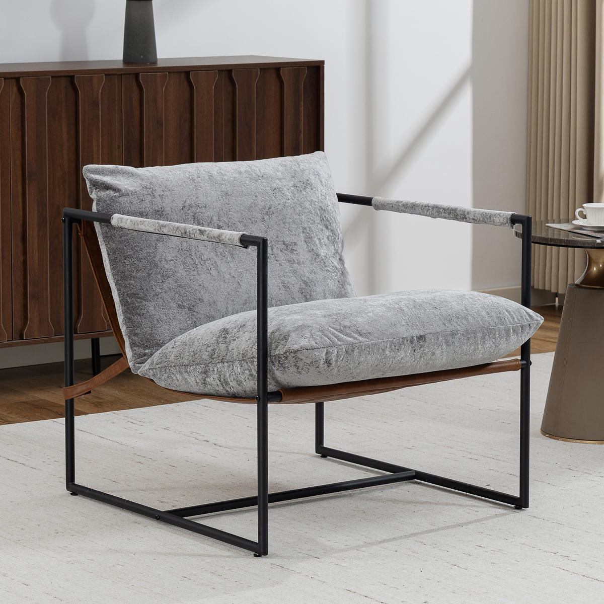 SESSEL DE-13325 breite Sitzfläche & bedruckter Velours Grau - Hellgrau, Metall (77/80/91cm) - ComfortXL