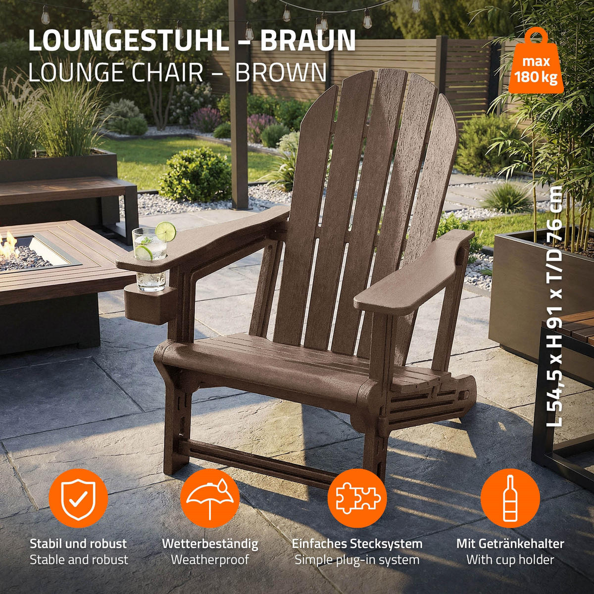 ADIRONDACK LEŽÁK s držákem na nápoje, hnědý, z plastu - hnědá, plast (54.5/91/76cm) - ML-DESIGN