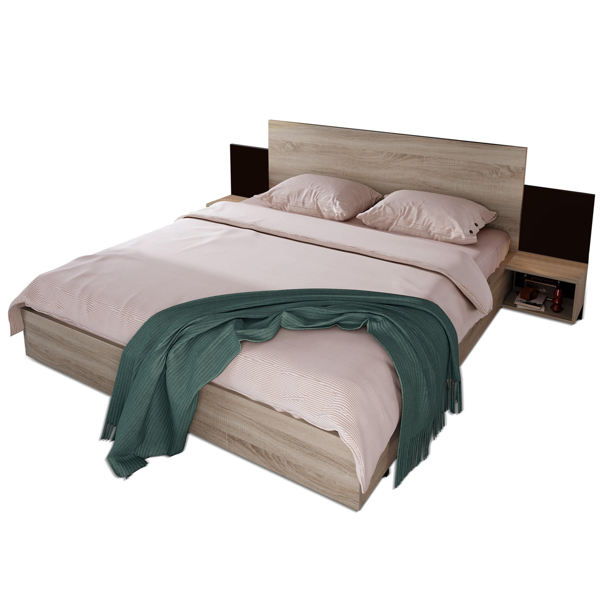OKWISH DVOULŮŽKO 160/200 cm dub Sonoma a tmavě šedá z masivního dřeva se 2 nočními stolky