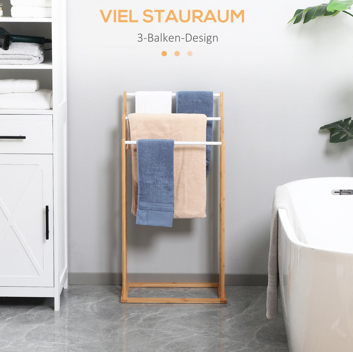 HANDTUCHSTÄNDER 48x25.8x94 cm Natur aus Bambus mit 3 Ebenen & freistehend - Naturfarben, Naturmaterialen (25.8/94/48cm) - Modfu