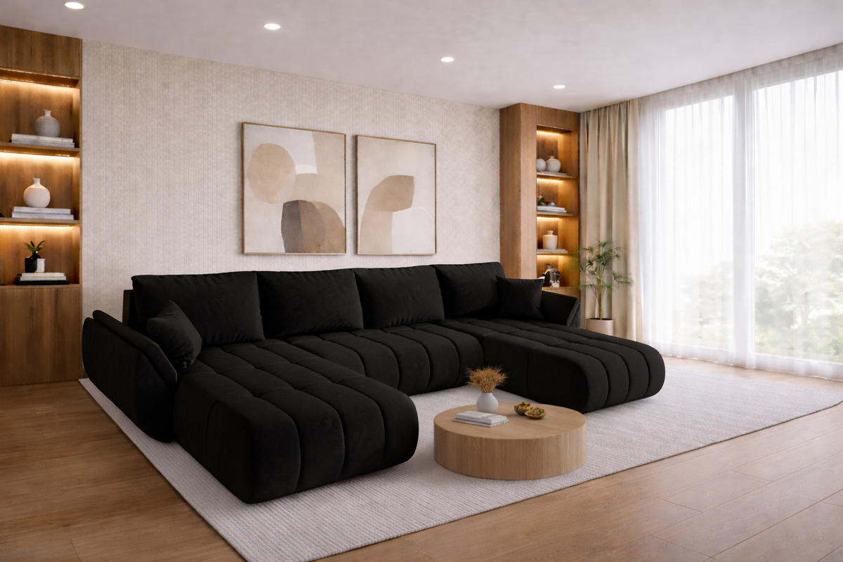 ECKSOFA mit schlaffunktion und bettkasten TOKYO U PREMIUM, stoff MONOLITH, Anthrazit - Anthrazit, Holz (384/190cm) - Kaiser Möbel