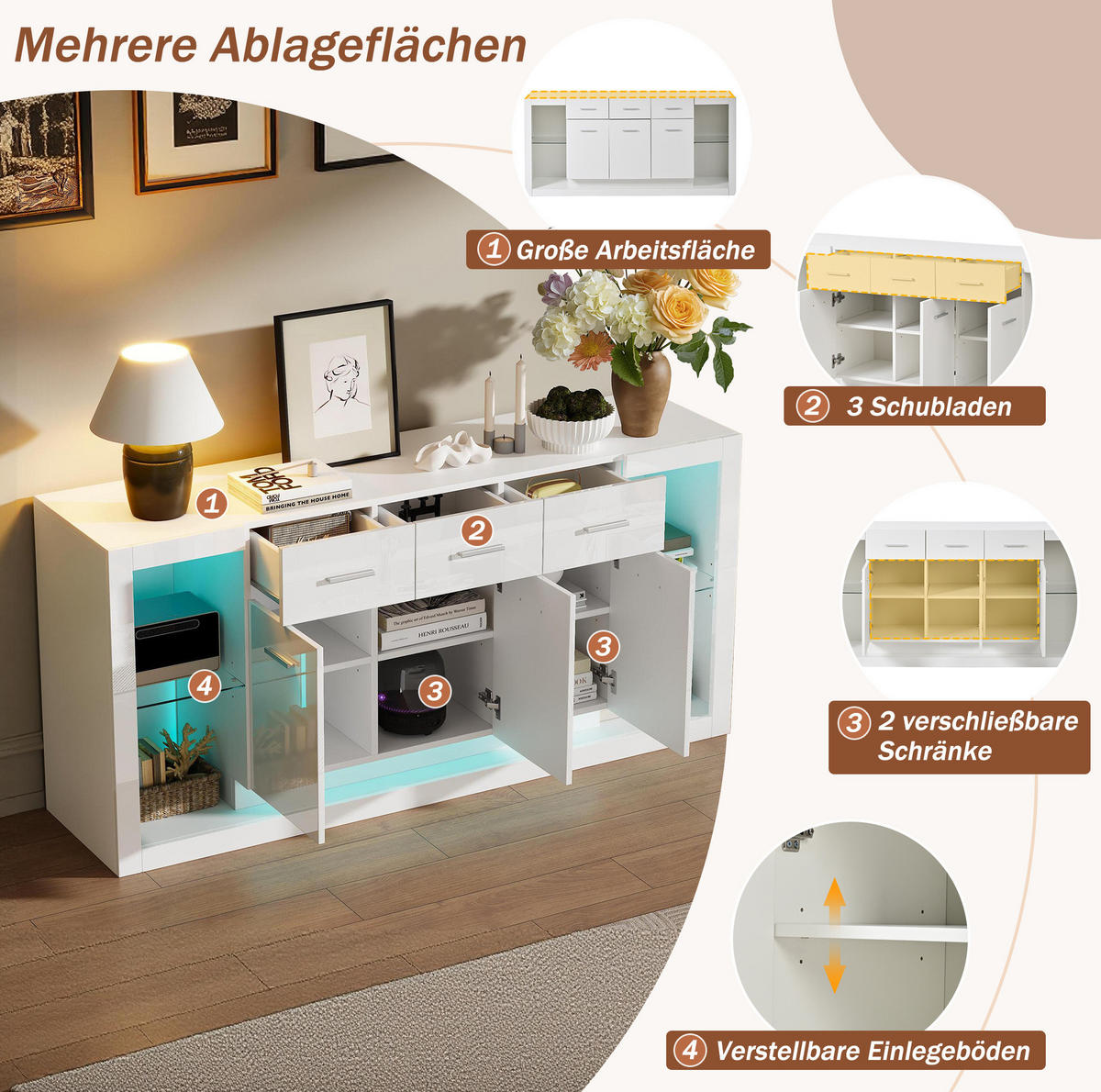 SIDEBOARD 160/40/75 cm z dřevotřísky bílá, s LED osvětlením a 3 zásuvkami - bílá, kompozitní dřevo (160/75/40cm) - Modenvie