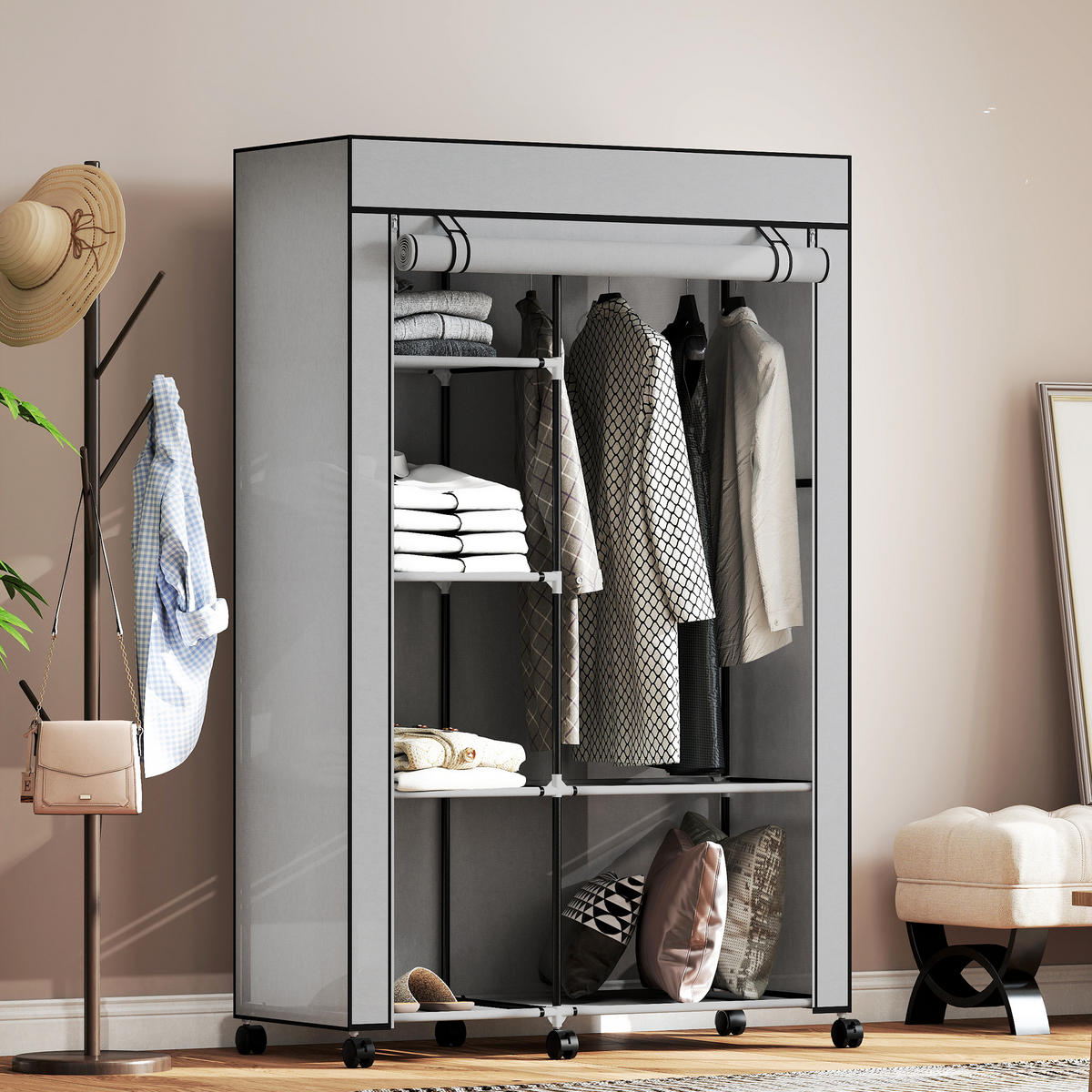 STOFFSCHRANK mit 6 Regalen und 1 Kleiderstange, platzsparende Aufbewahrungslösung in Hellgrau - Hellgrau, Metall (103/162.5/43cm)