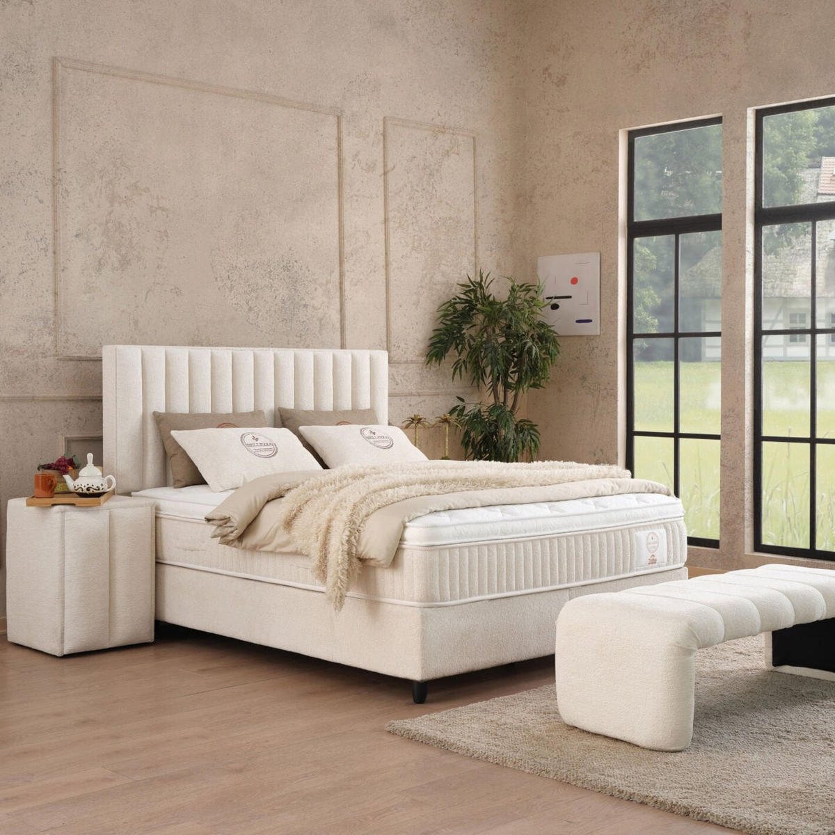 BOXBETT Belezza Bett boxspringbett 180x200 mit matratze - Beige, Holz (180/200cm)