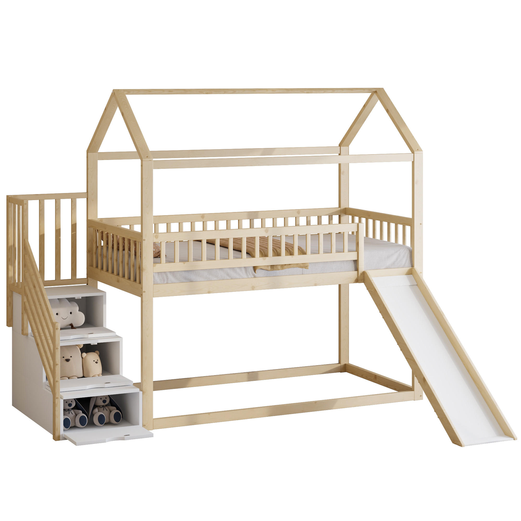 HOCHBETT Holzfarben 90×200 cm für Kinder mit Rutsche und Stauraumleiter, Massivholzrahmen - Naturfarben, Holz (90/200cm) - Luhomfu