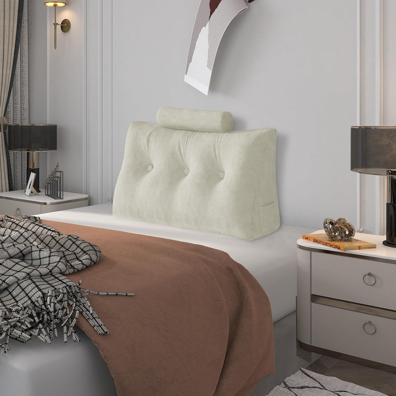 LESEKISSEN Keilkissen mit einem runden Kissen 2er-Set Samt Weiß 100cm - Weiß, Textil (20/100cm) - Vercart