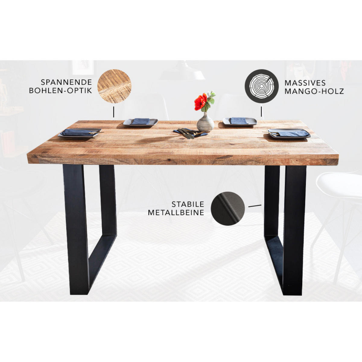 ESSTISCH IRON CRAFT Mangoholz Schwarz 120 cm - Schwarz/Braun, Holz/Metall (80/120/77cm) - riess-ambiente