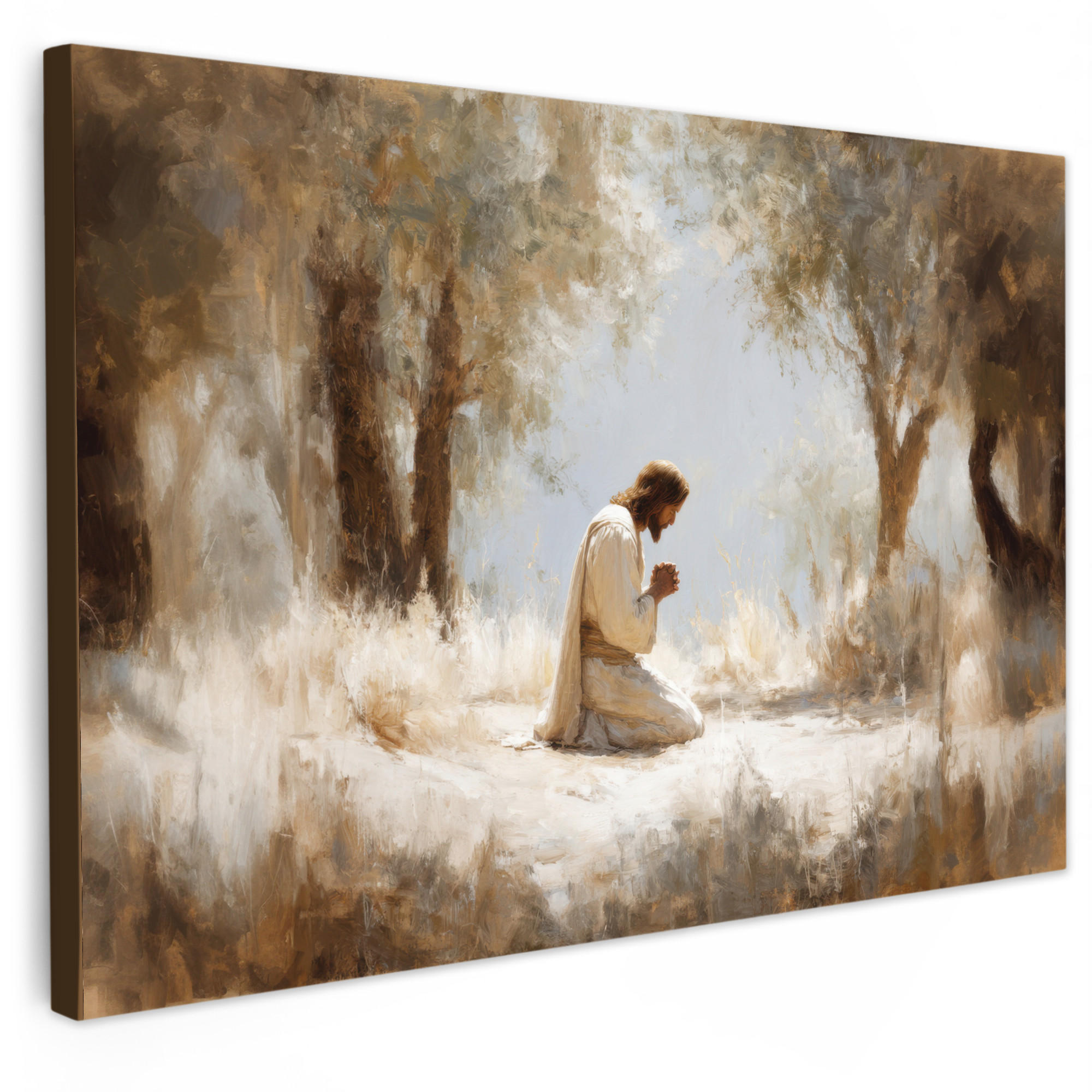 MuchoWow OBRAZ NA PLÁTNĚ Ježíš - klečící - lesní krajina - modlící se 90x60 cm