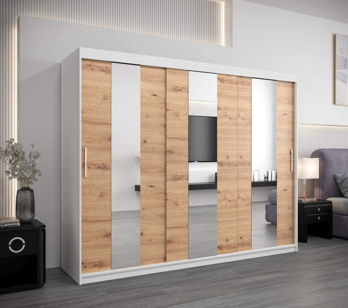 SCHWEBETÜRENSCHRANK 200/250/62 2-türig - Silberfarben/Weiß, Holz/Kunststoff (250/200/62cm) - Abiks Möbel