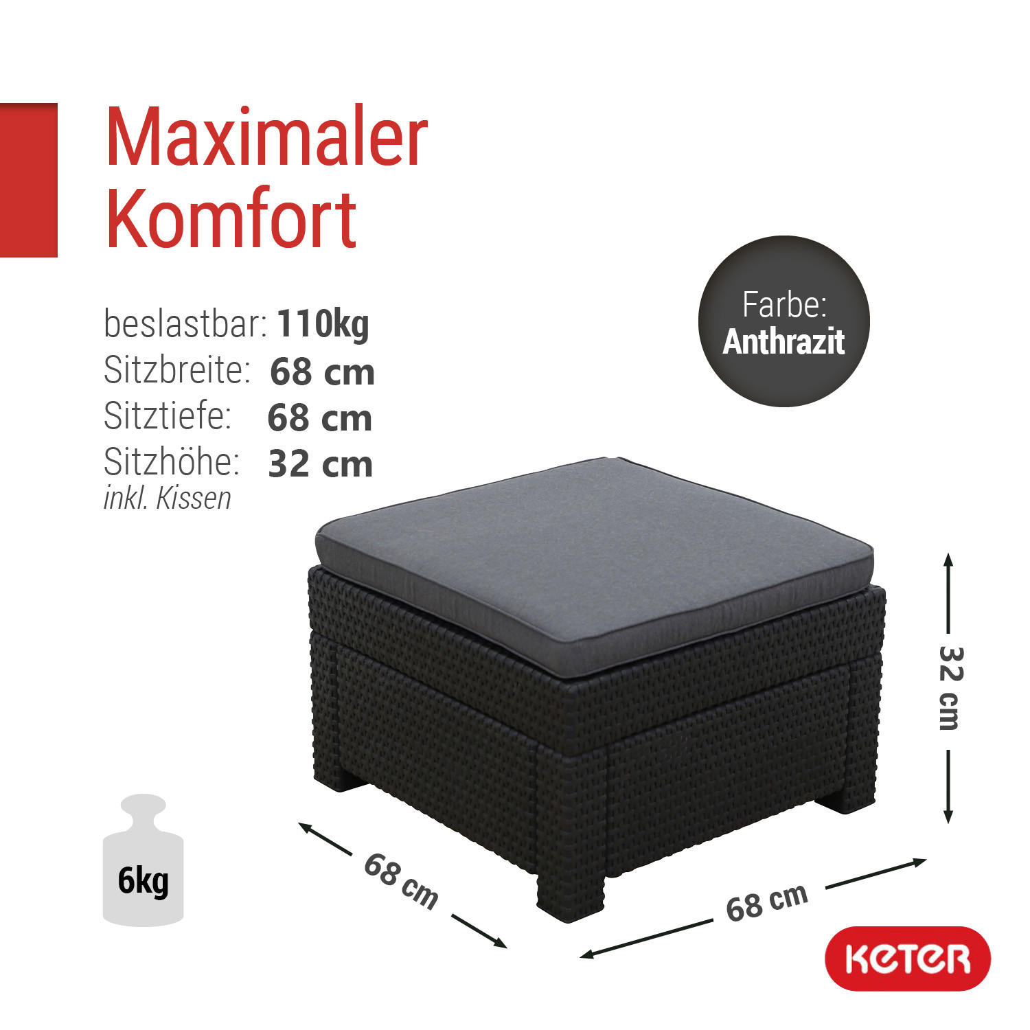 HOCKER Provence anthrazit mit Kissen in grau - Schwarz, Kunststoff (60/250/60cm) - Keter