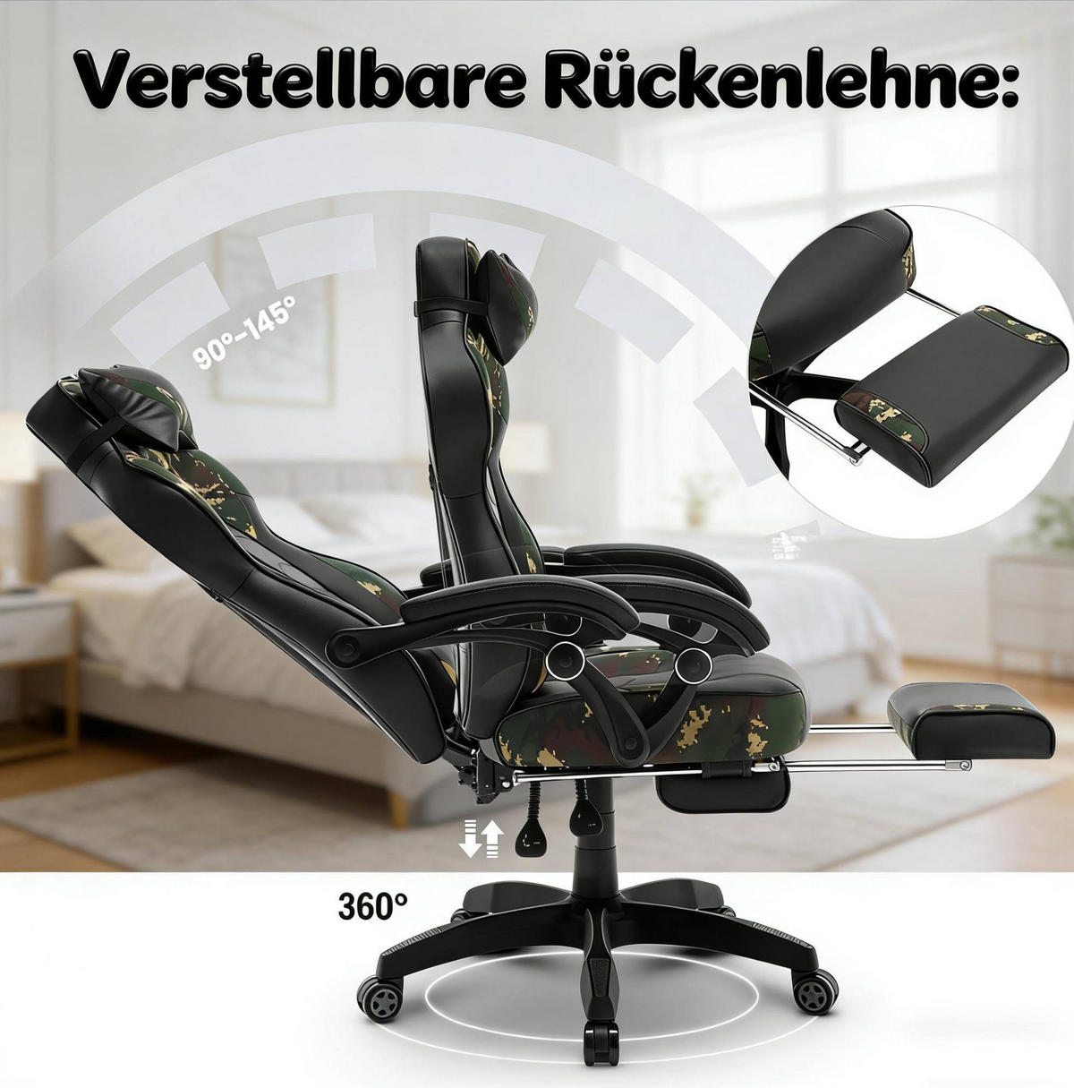 GAMING-STUHL höhenverstellbar mit Fußstütze Kunstleder Schwarz/Grün - Schwarz, Metall (46/128/70cm) - Meubliv